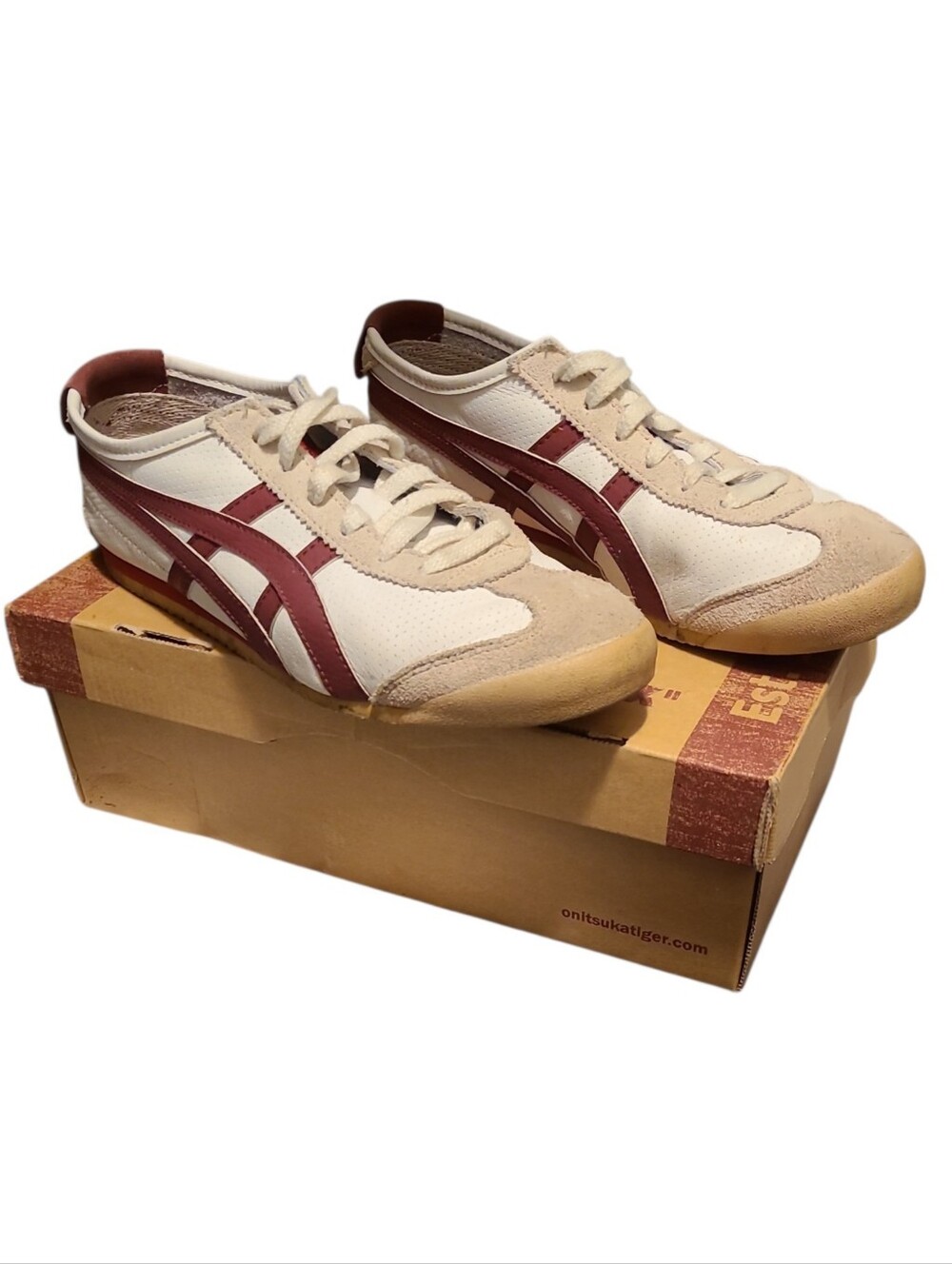 Asics Onitsuka Tiger Sneakers White Beige & Beet Juice Maroon Mecico 66 Sz 7 40
